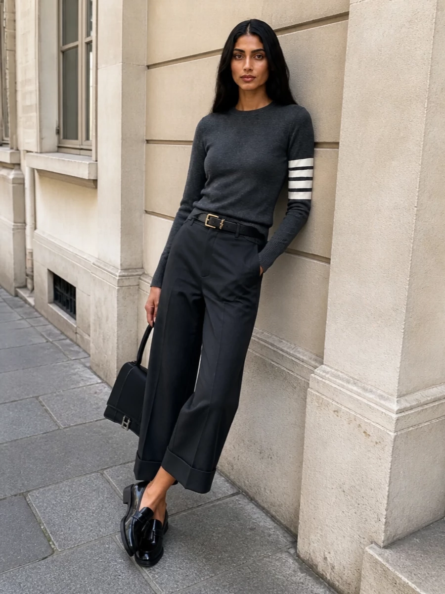 Thom browne charcoal wide leg trousers outfit