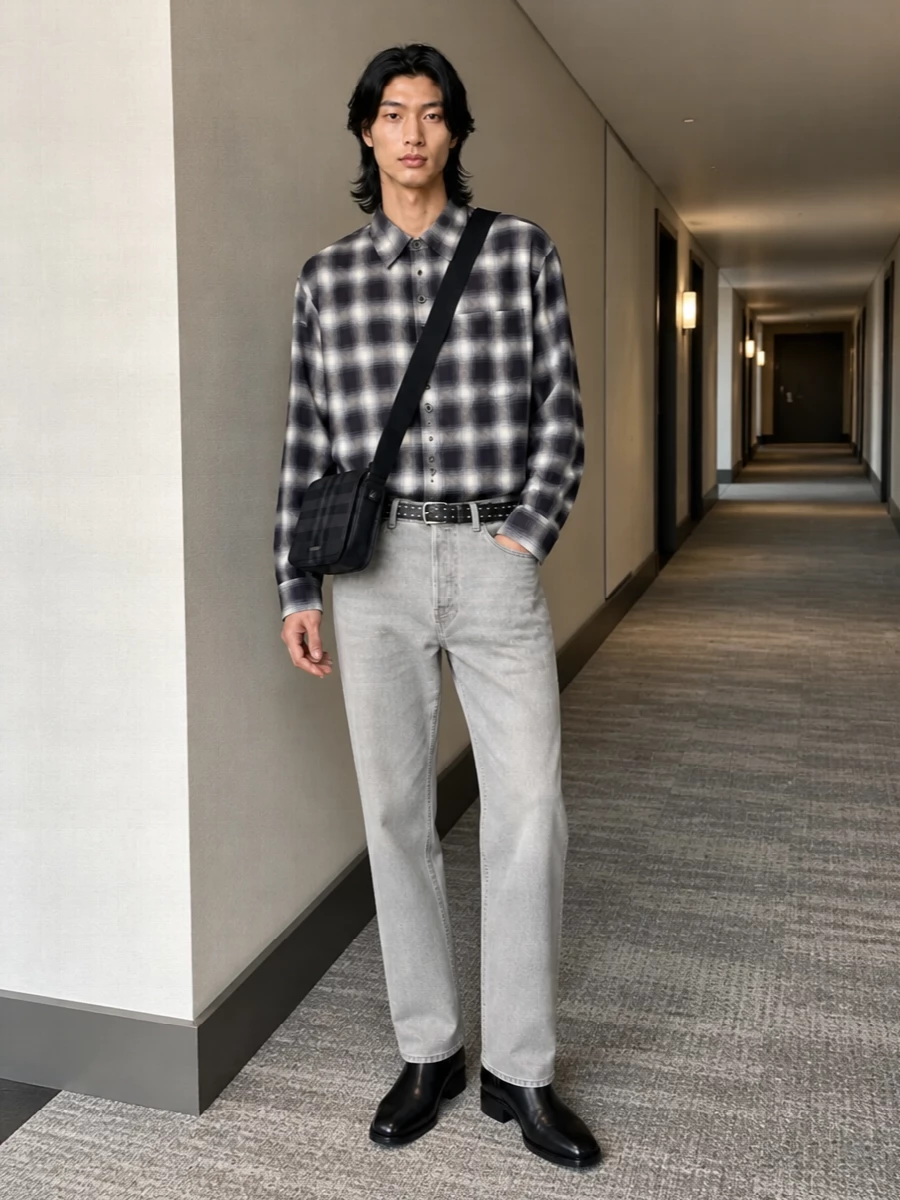 Our legacy check shirt grey jeans black boots