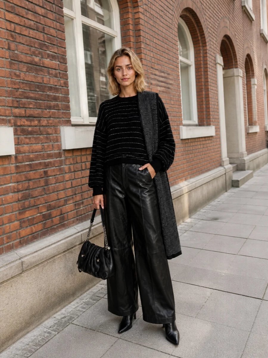 A black-on-black Marant story that leans into texture, this pairing lets the striped knit sit against strong leather volume for a confident, city-ready mood. The stiletto boots and ruched chain bag refine the attitude so it works as easily for a gallery afternoon as for late dinners. A monochrome mix of matte and subtle shine keeps everything quiet but assured.