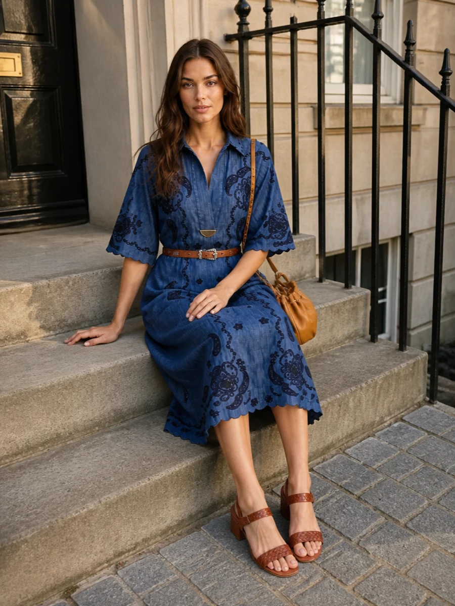 Zimmermann denim midi dress tan block heel styling