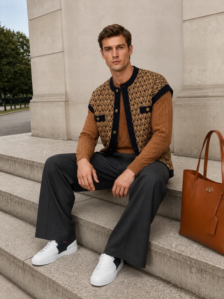 Valentino camel knit jacket wide leg trousers
