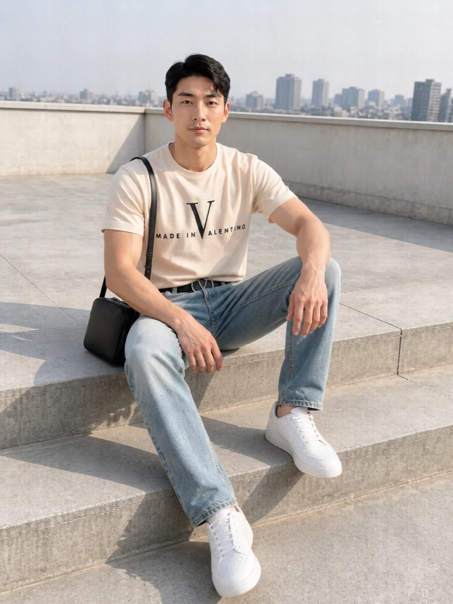 Valentino mens faded jeans beige logo tee outfit