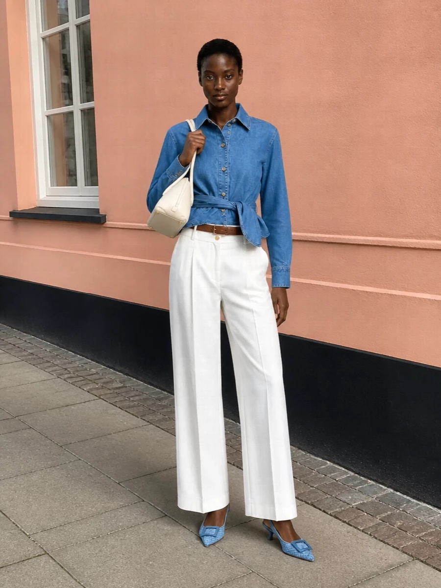 Patou denim shirt white trousers slingbacks