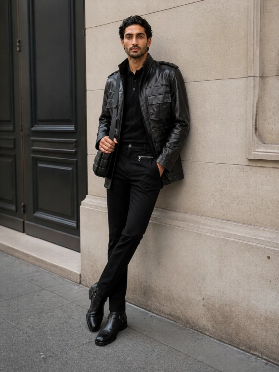Balmain leather field jacket black cord trousers
