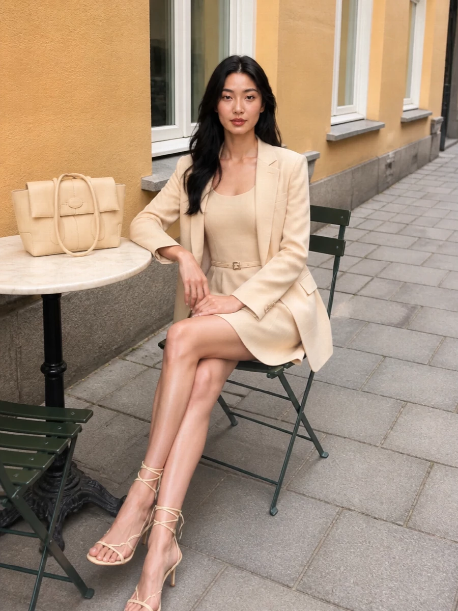 A sculpted beige cocktail dress meets equally refined buttercream accessories for a quietly confident summer evening ensemble. The strappy heel keeps the mood light and feminine, while the structured top‑handle bag introduces just enough architectural clarity to feel modern rather than sweet. The result is minimal, tonal and polished, ideal for city dinners, gallery openings or daytime events that call for discretion over drama.