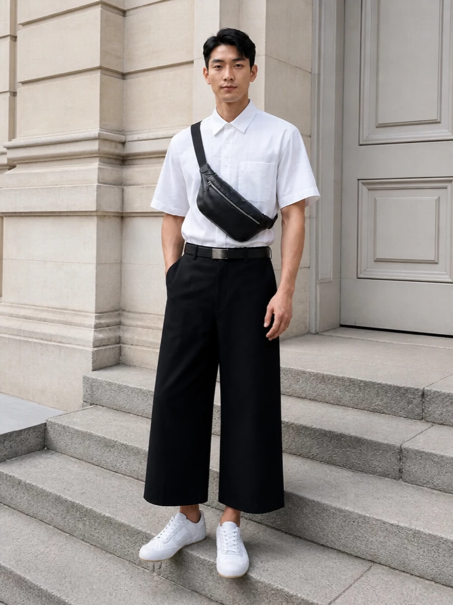 Mm6’s cropped wide-leg trouser meets a crisp boxy white shirt for a graphic monochrome base that feels sharp yet relaxed for warm days. Clean white sneakers keep the volume light on its feet, while a padded Margiela crossbody and slim numeric belt add just enough house detail without disturbing the minimal silhouette.