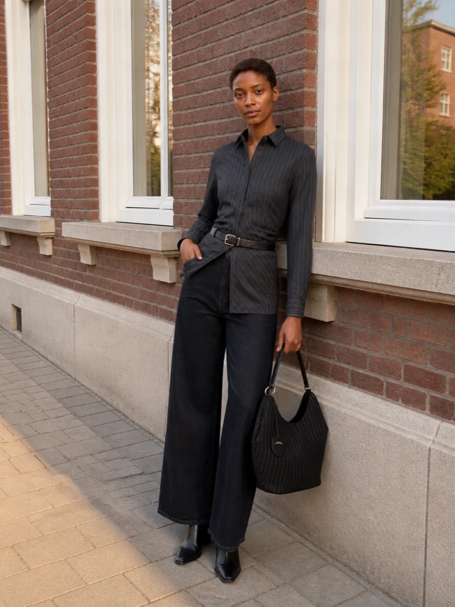 Dondup pinstripe shirt wide leg jeans outfit