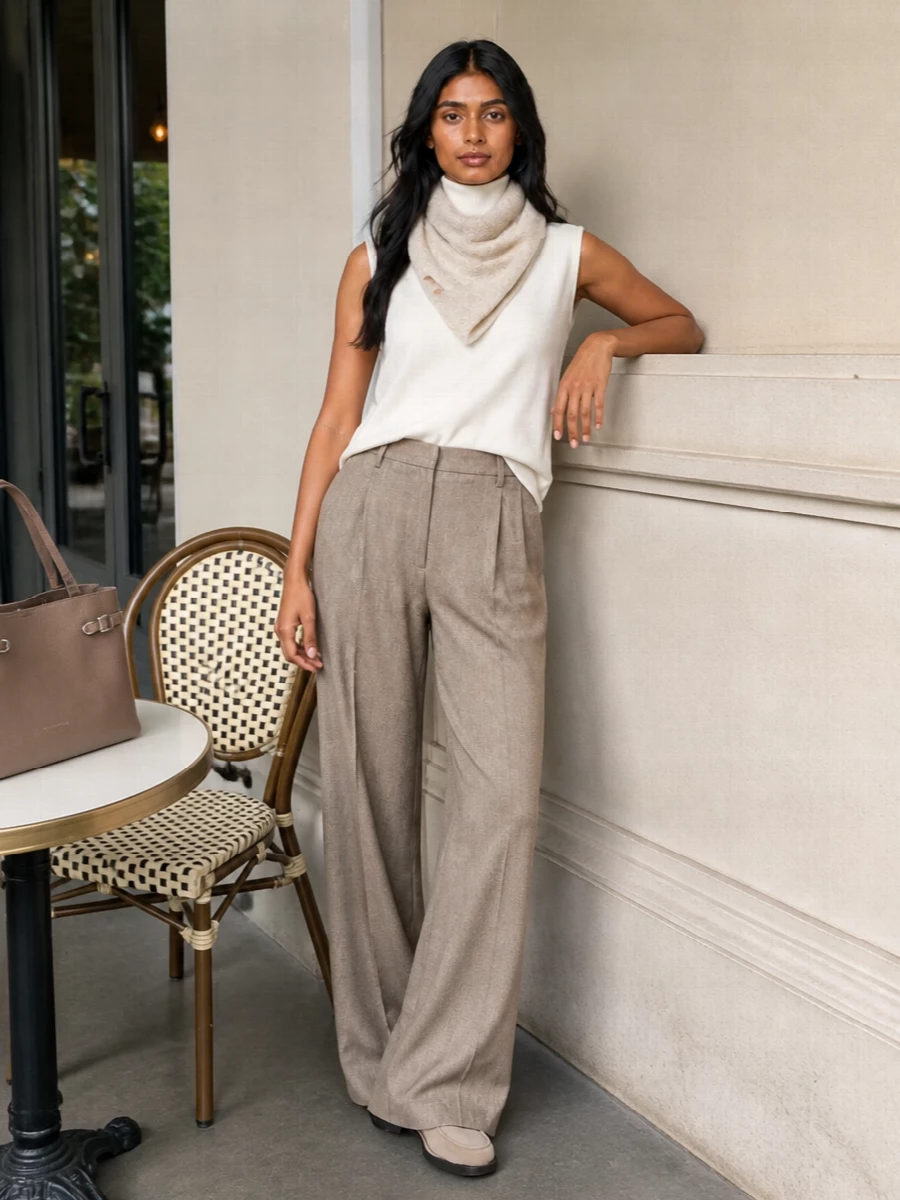 Brunello cucinelli ivory top taupe wide leg trousers