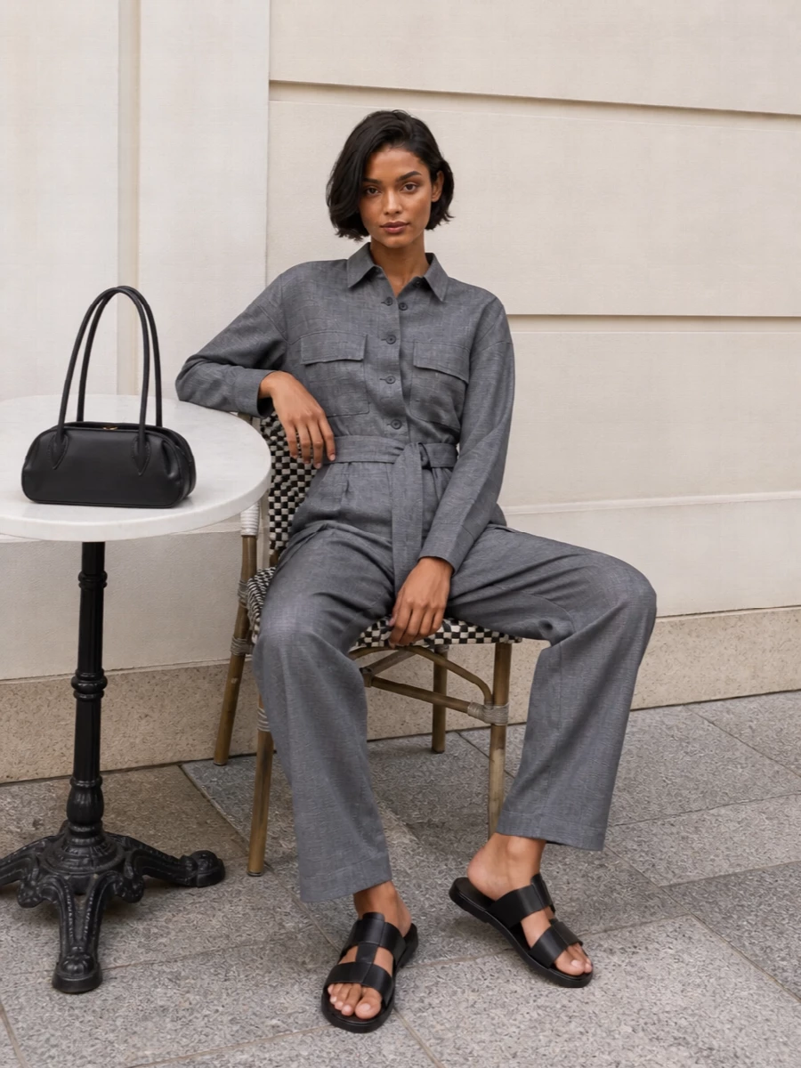 Frankie shop grey jumpsuit black sandals bag