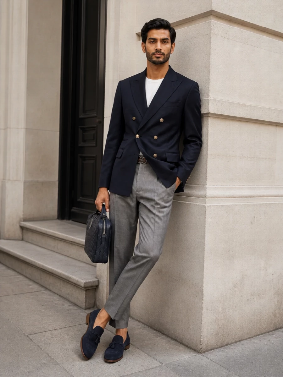 Bottega blazer grey trousers formal outfit