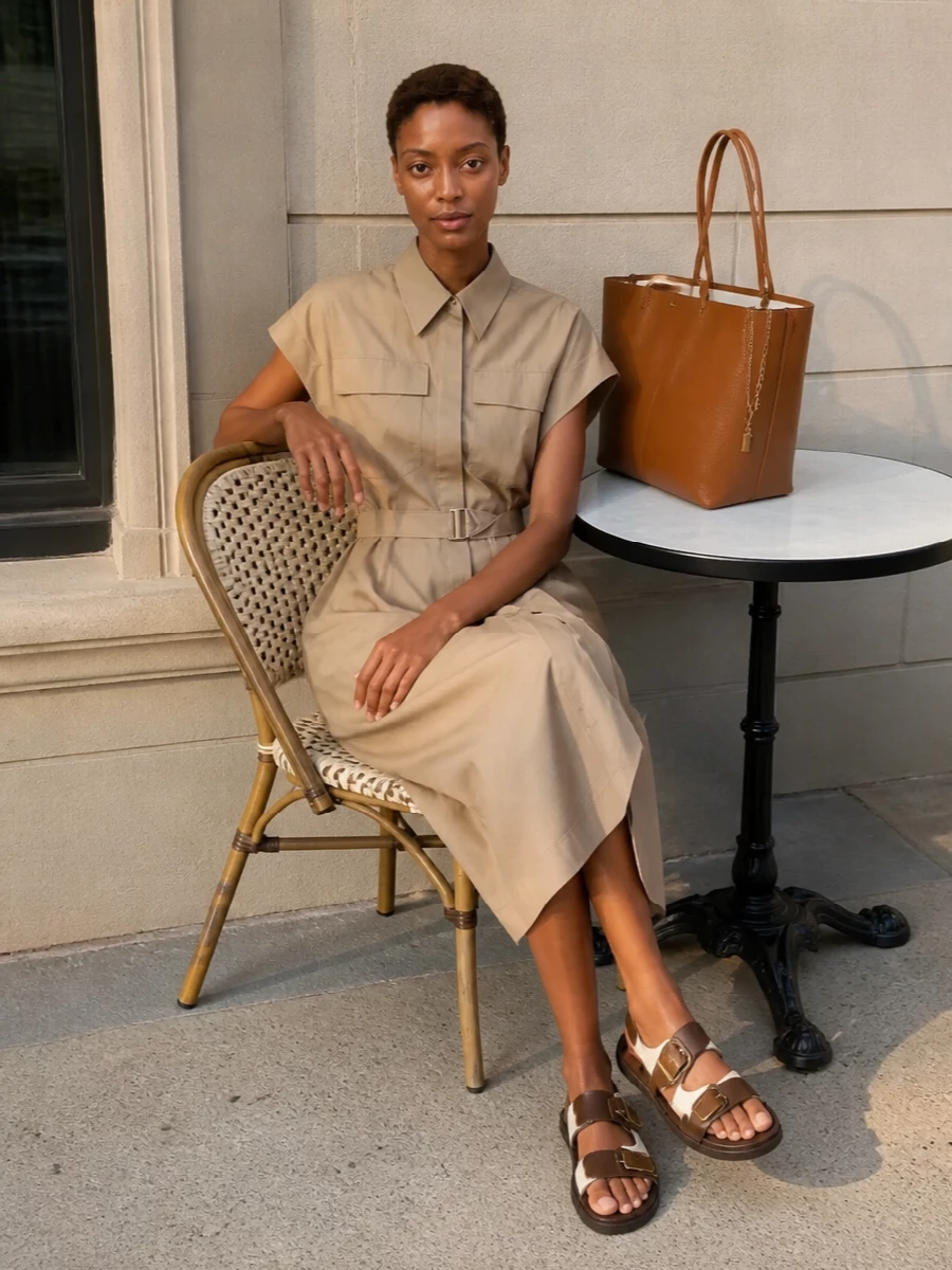 A sand Brunello Cucinelli shirt dress and the cognac Chloé tote create a softly structured, utility-inflected column in warm, sun-washed neutrals. The belted waist and midi length feel relaxed yet refined for city days or terrace lunches. Dark chocolate haircalf slingbacks finish it with a discreet boho twist that still reads polished and modern.