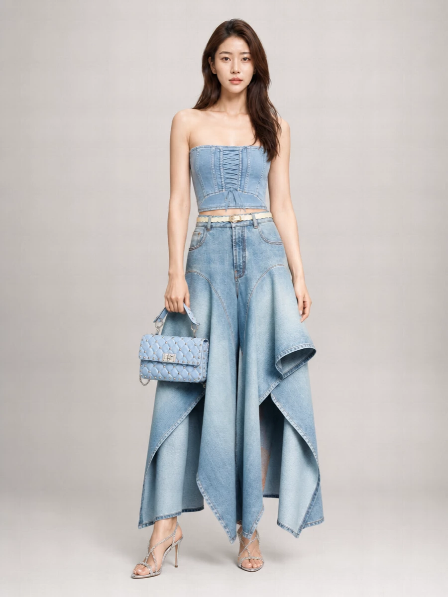 Elisabetta Franchi Denim Off-Shoulder Cropped Slim-Fit Bustier Top