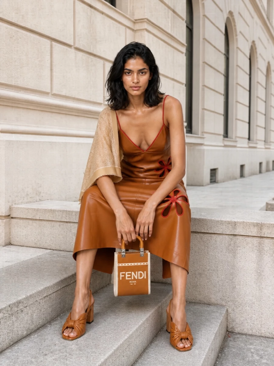 Fendi caramel slip dress tan sandals mini bag