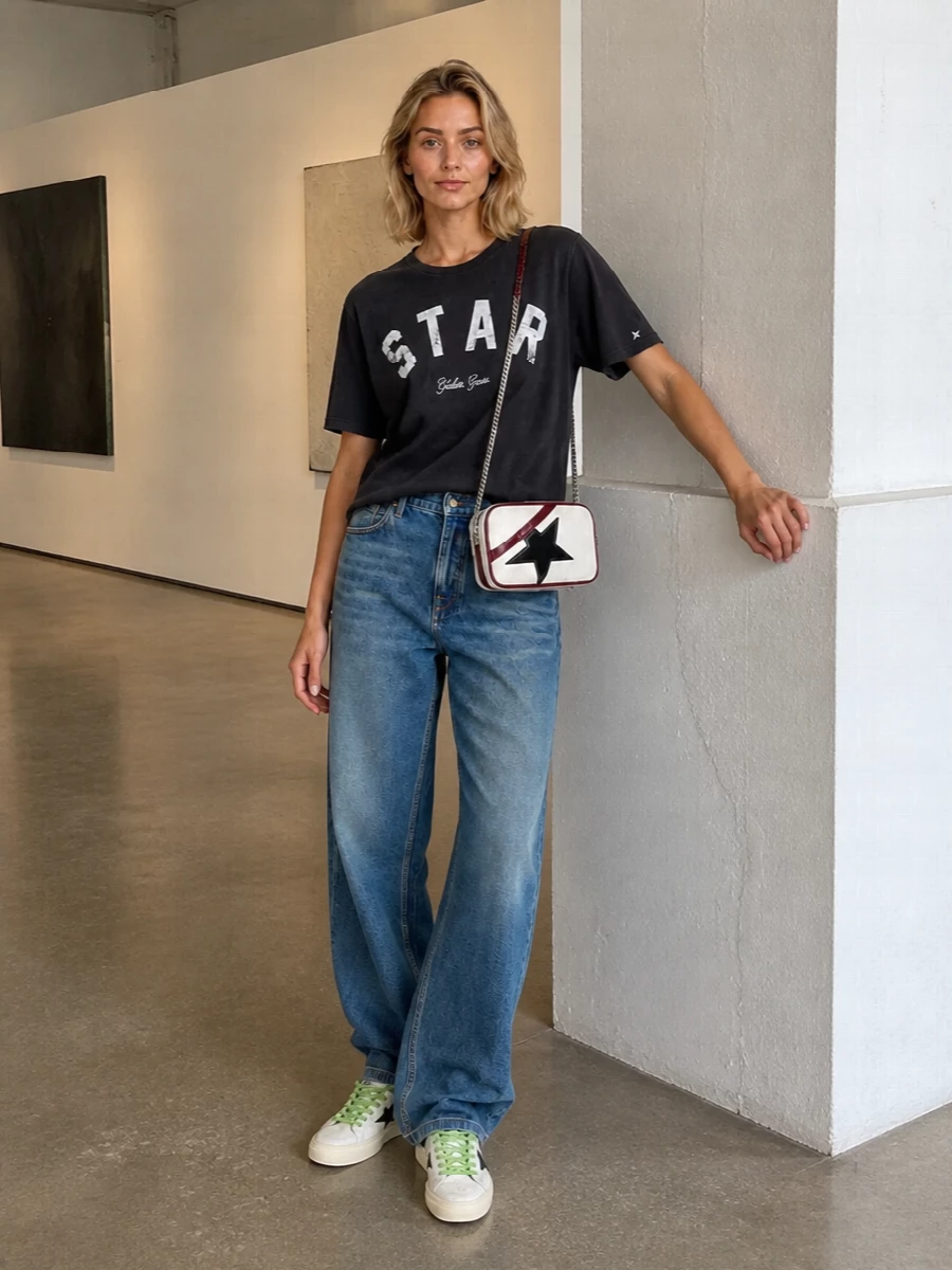 Golden goose tee wide leg jeans sneakers