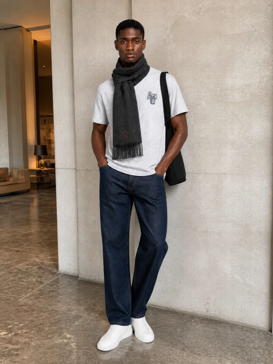 Apc tee dark indigo jeans white sneakers