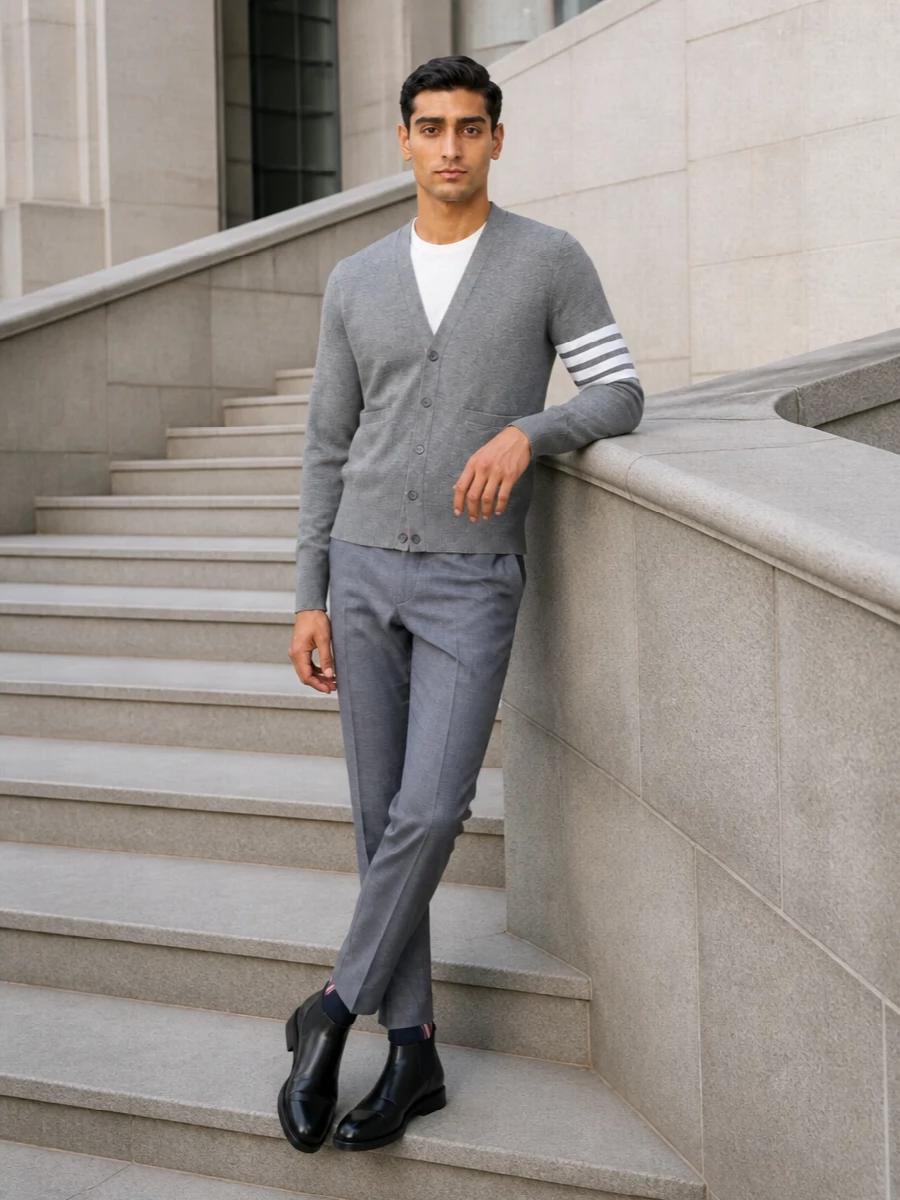 Thom browne grey cardigan trouser outfit