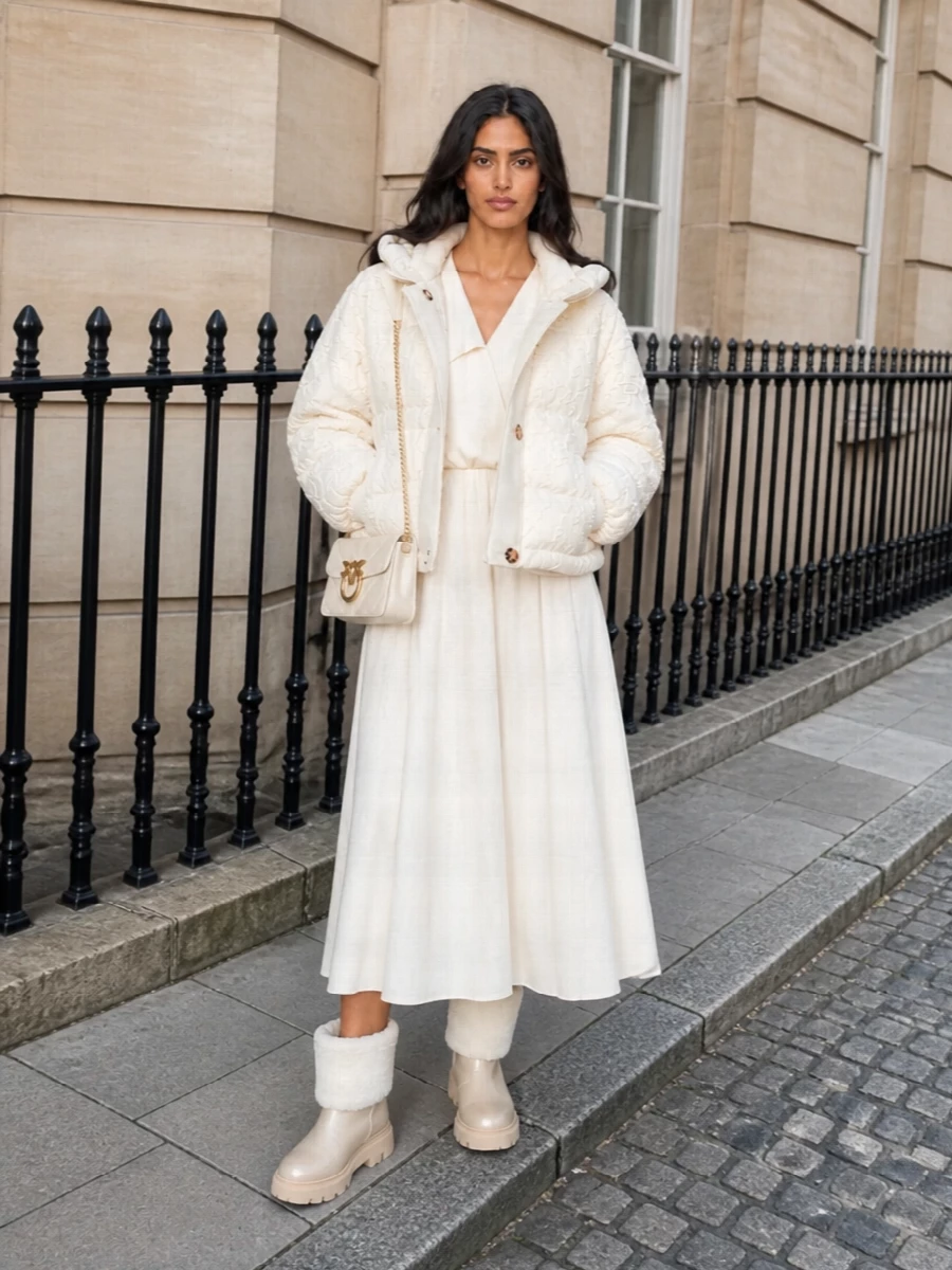 I’m taking this along the dress route, because the coat already gives enough volume and texture that a fluid midi underneath keeps the whole outfit calm and considered. The Alberta Ferretti dress and Moncler boots stay within the same warm ivory family as the puffer, so the interest comes from movement and shine rather than more print. The small Pinko bag finishes it with a precise, romantic accent that works from a late winter lunch to an understated evening.