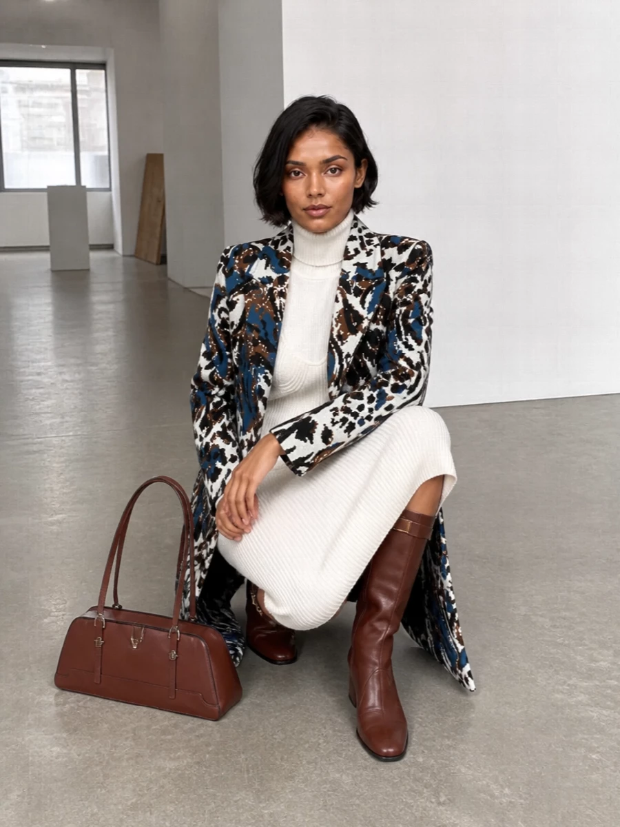 I am anchoring the coat with a single, sculpted knit dress rather than mixing a top and trouser, so the Missoni animal jacquard can read as one continuous, graphic outer layer. The Gaultier ivory column keeps everything streamlined and formal, while chocolate leather boots and a structured chestnut bag pull out the coat’s brown notes for a cohesive, quietly dramatic winter evening ensemble.