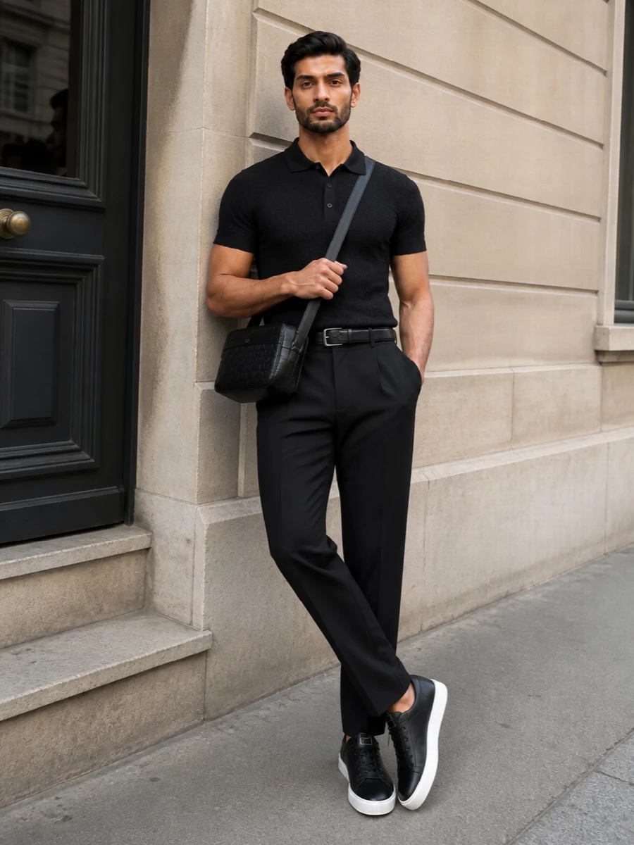 Balmain black trousers knit polo outfit