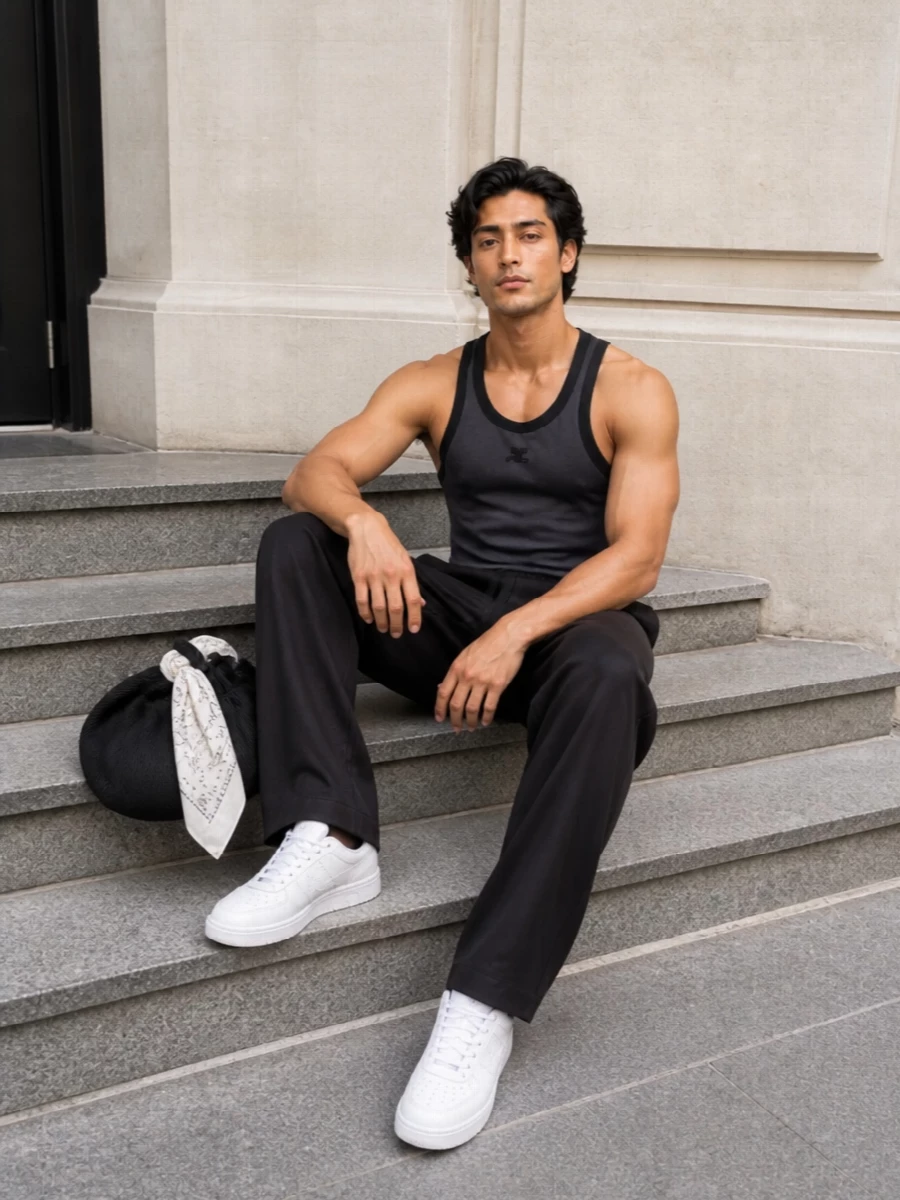 Courreges racer tank tailored track pants outfit