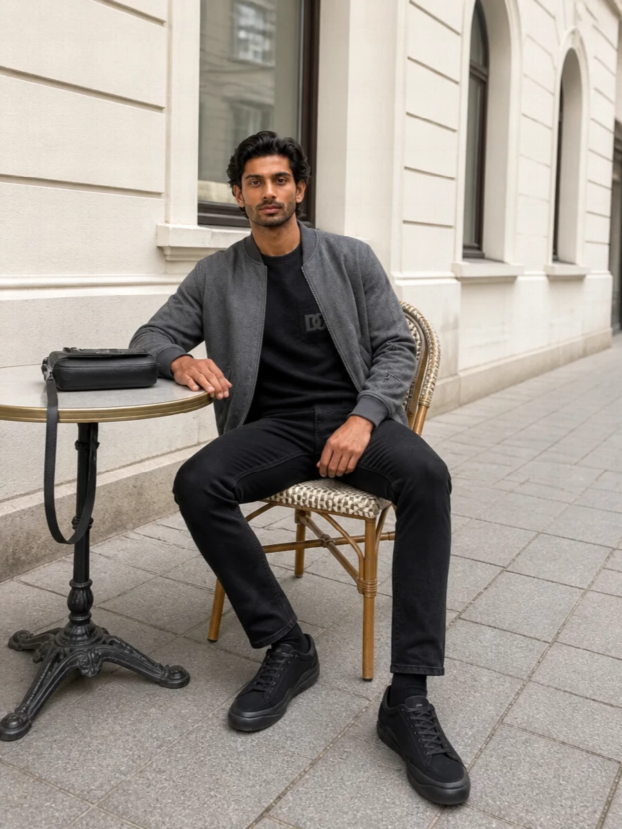 Dolce gabbana grey bomber black jeans outfit
