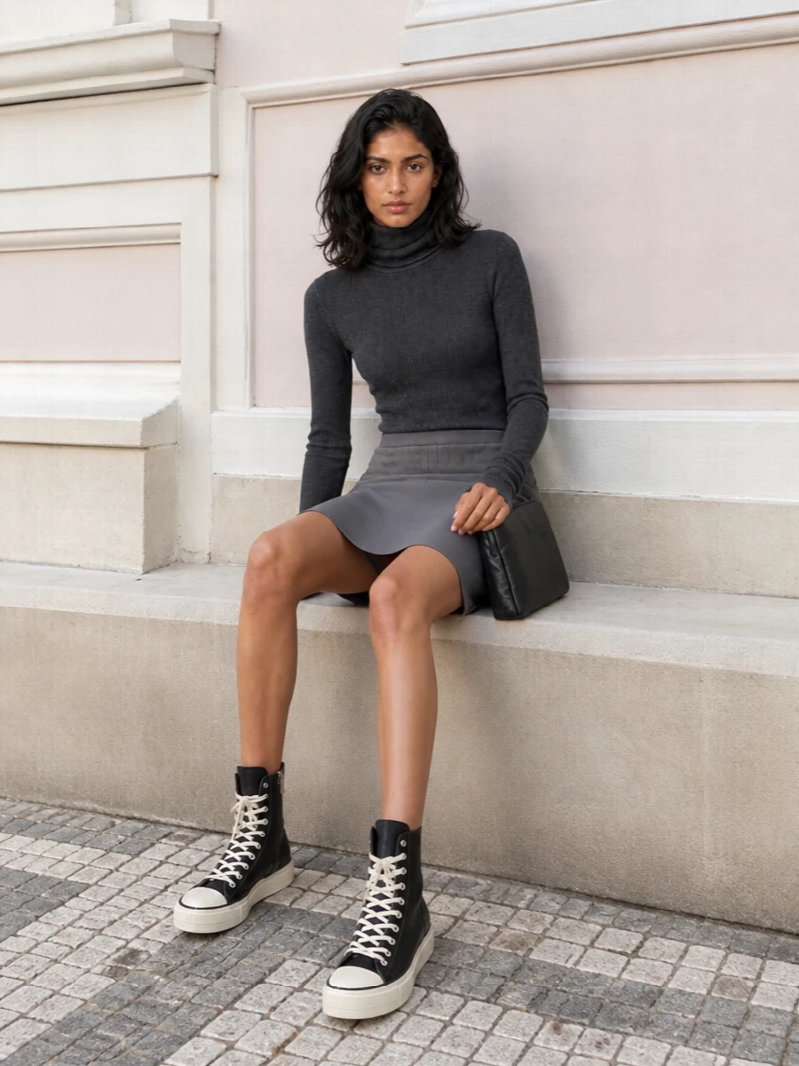 Rick owens grey skirt charcoal turtleneck outfit