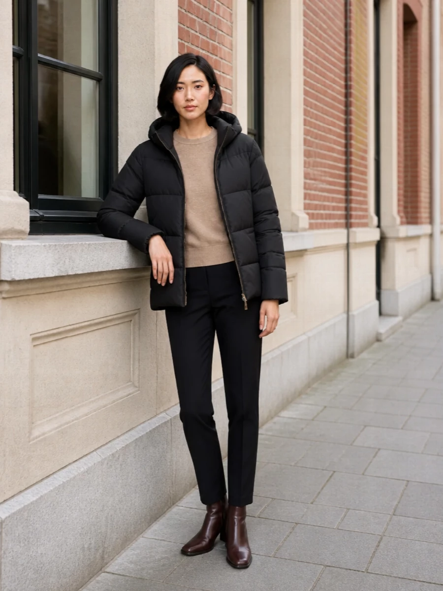 This is a quietly confident city winter outfit built around a black S Max Mara puffer, anchored with a camel knit and sharp black tailoring. The Margiela ankle boots and plush Herno tote deepen the neutrals and add tactile interest without breaking the minimalist line. I chose the top-and-trouser route over a dress to keep the look more versatile, practical and in step with the puffer’s understated utility mood.