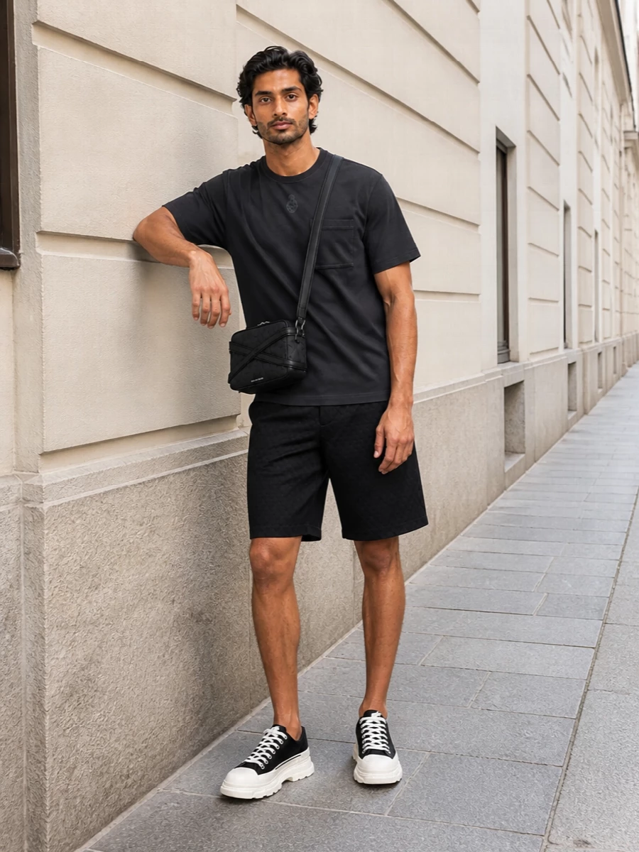 Alexander mcqueen chunky sneakers black shorts outfit