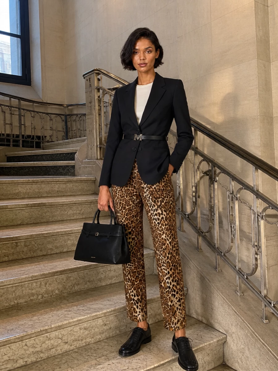 Max mara leopard trousers black blazer outfit
