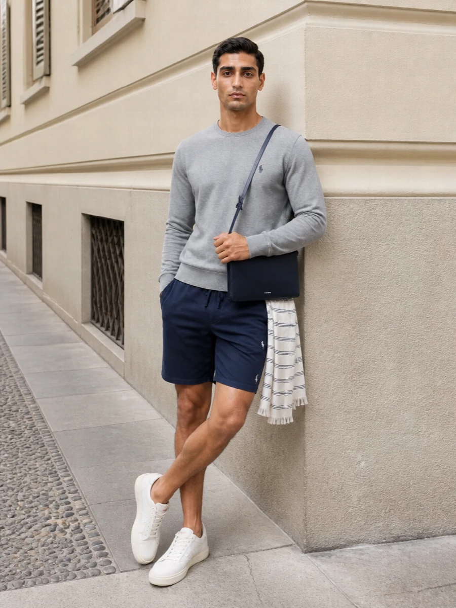 Heather grey and navy keep this Polo knit pairing calm and precise, sitting right between relaxed and put together. Clean off-white sneakers and a slim navy crossbody hold the mood in that quiet, city-ready space. A fine striped scarf is the only soft detail, adding just enough structure and pattern while staying in tune with the muted palette.