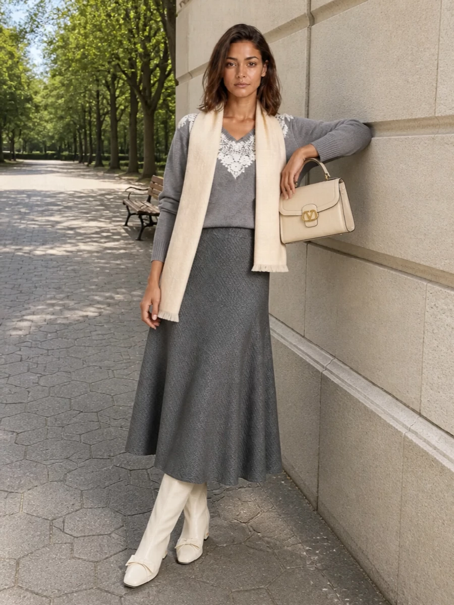 Alberta ferretti grey sweater midi skirt outfit