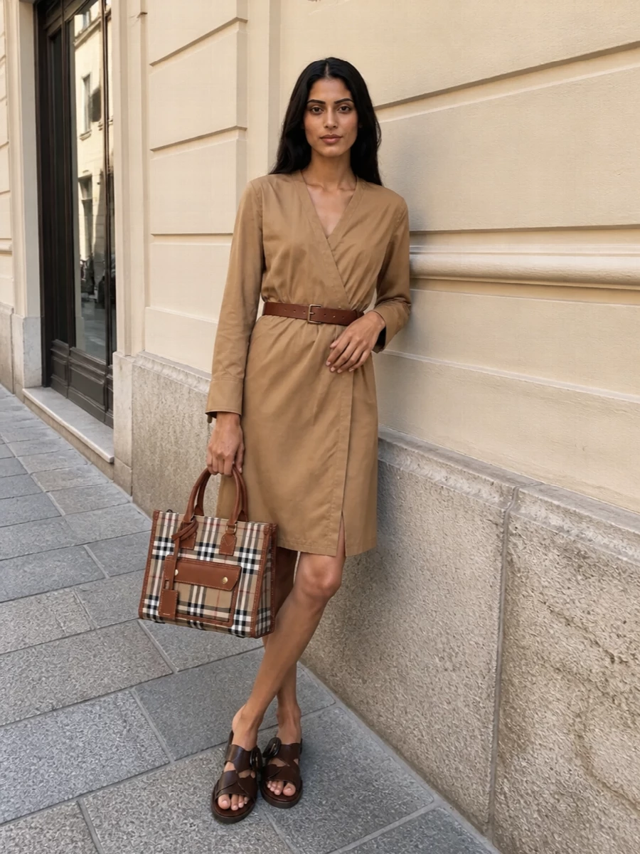 I built this around the Saint Laurent camel wrap dress so the Burberry tote feels like a natural extension of the silhouette rather than an add-on. The clean V-neck, defined waist and soft structure echo the bag’s tailored lines, while the dark chocolate slingbacks quietly pick up its deeper leather trim. Together it reads as smart, modern city dressing for days that move from meetings to dinner without a change of clothes.