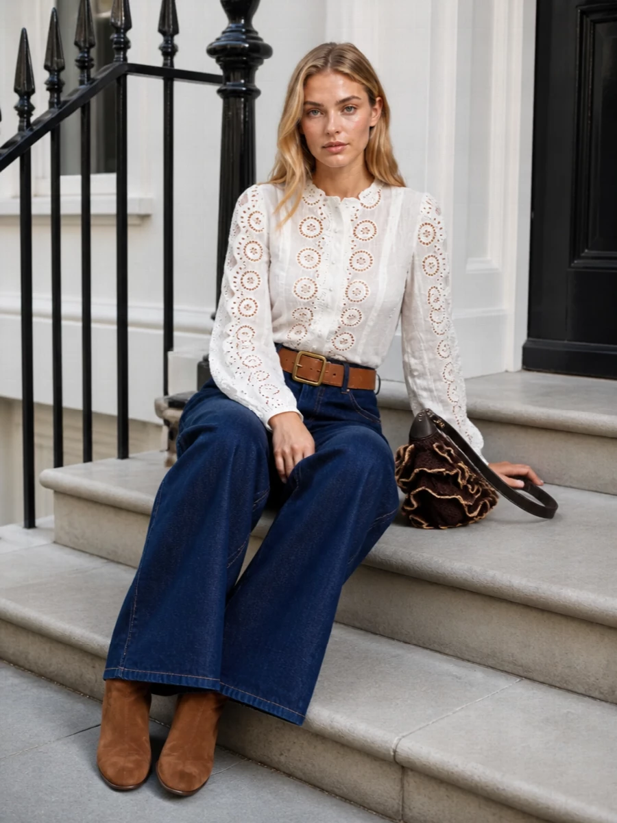 Zimmermann wide leg jeans ivory lace blouse