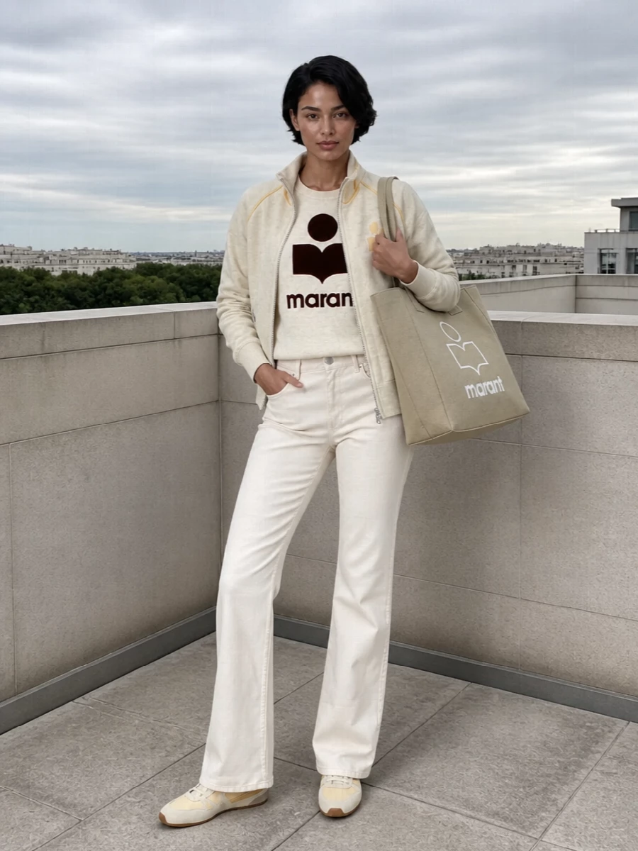 Isabel marant track jacket ecru jeans outfit