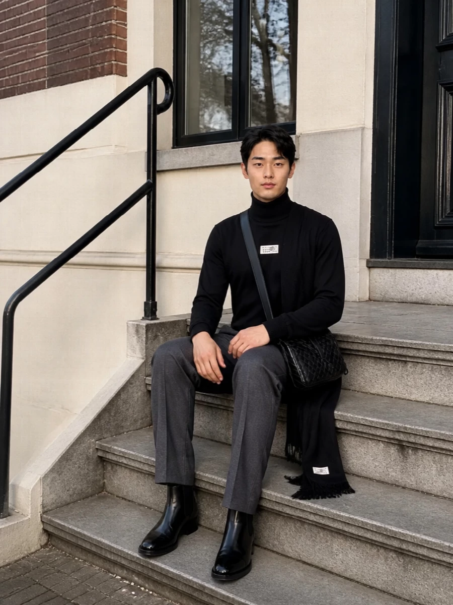 A black Mm6 turtleneck is grounded with charcoal pleated trousers for a clean, vertical line that feels both precise and relaxed. Glossy black Chelsea boots and a compact intrecciato crossbody keep the finish sharp but understated, with a simple black scarf adding depth rather than distraction. It is a quietly graphic, city-ready uniform that moves easily from desk to late dinner.