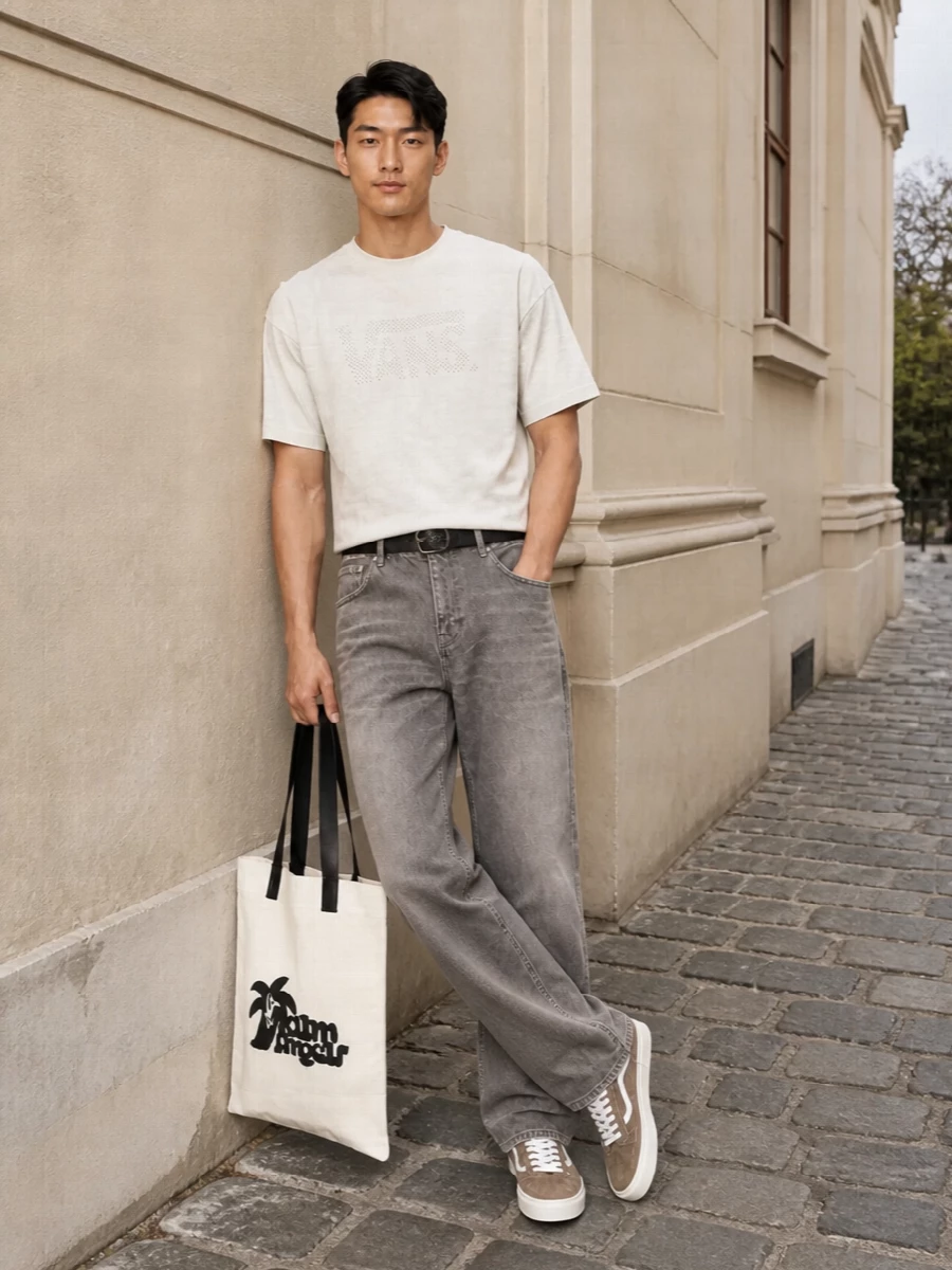 Vans off white tee grey represent jeans outfit