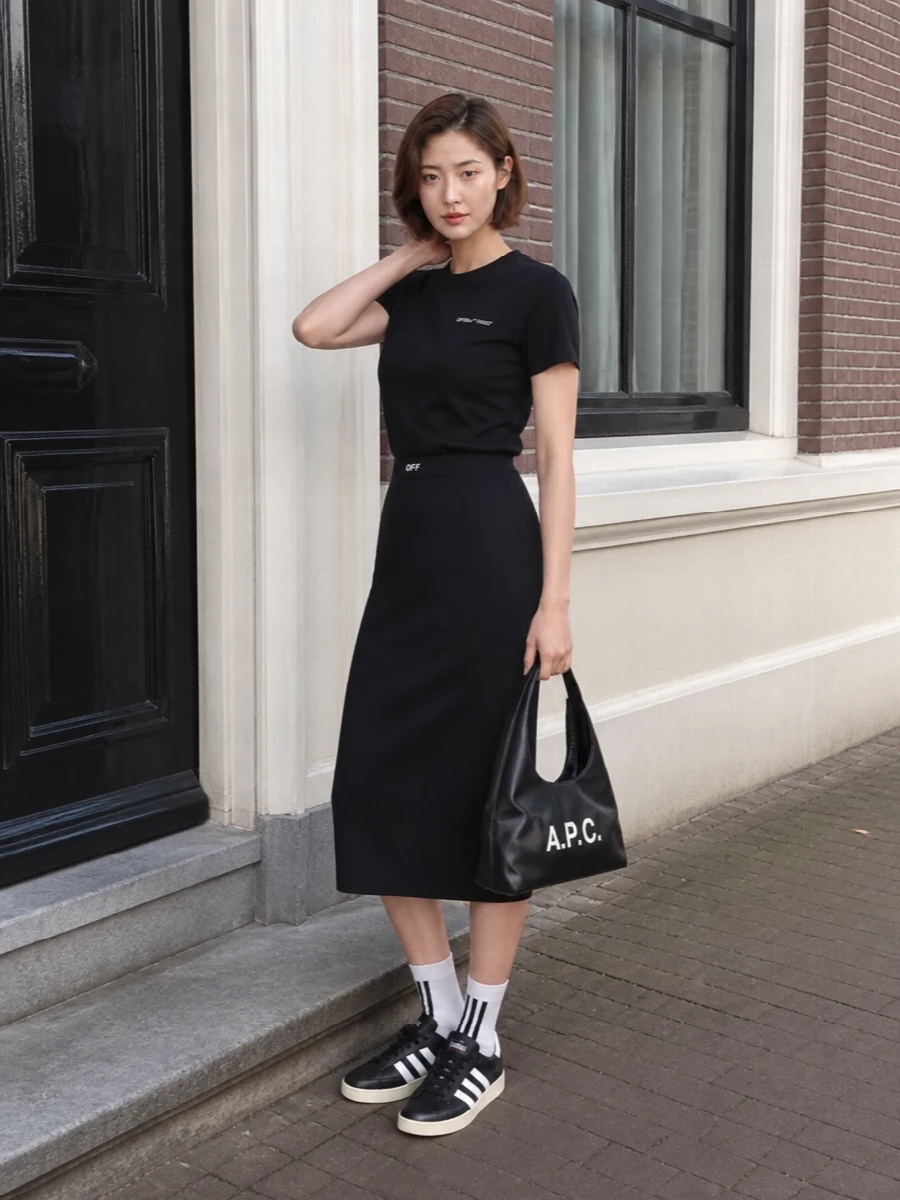 Off white black tee midi skirt streetwear outfit