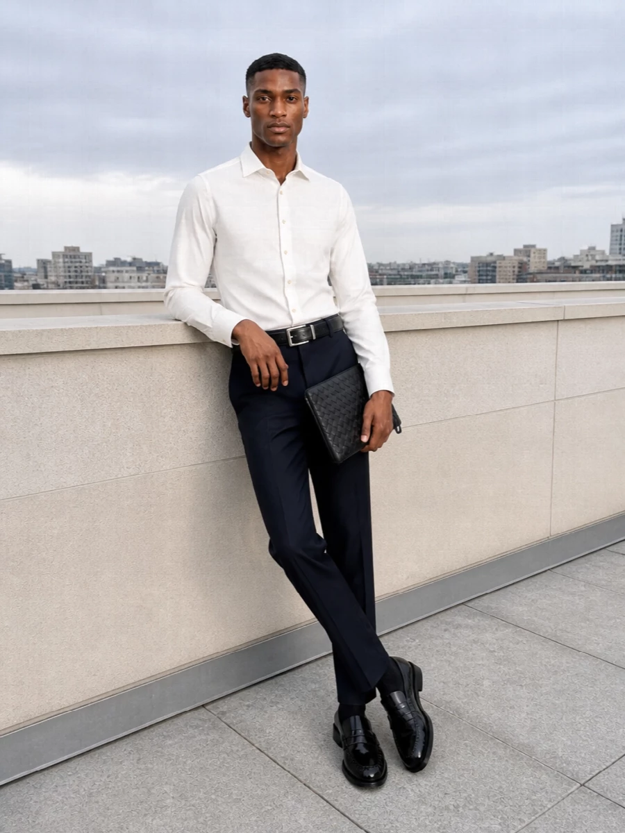 Bottega veneta ivory shirt navy trousers