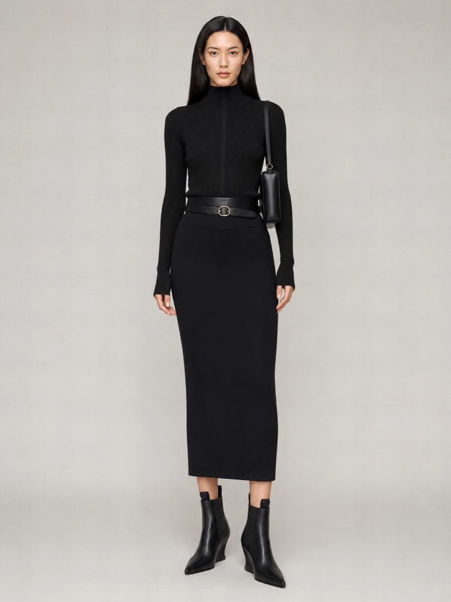 Rick Owens Virgin Wool Maxi Fitted Pencil Skirt
