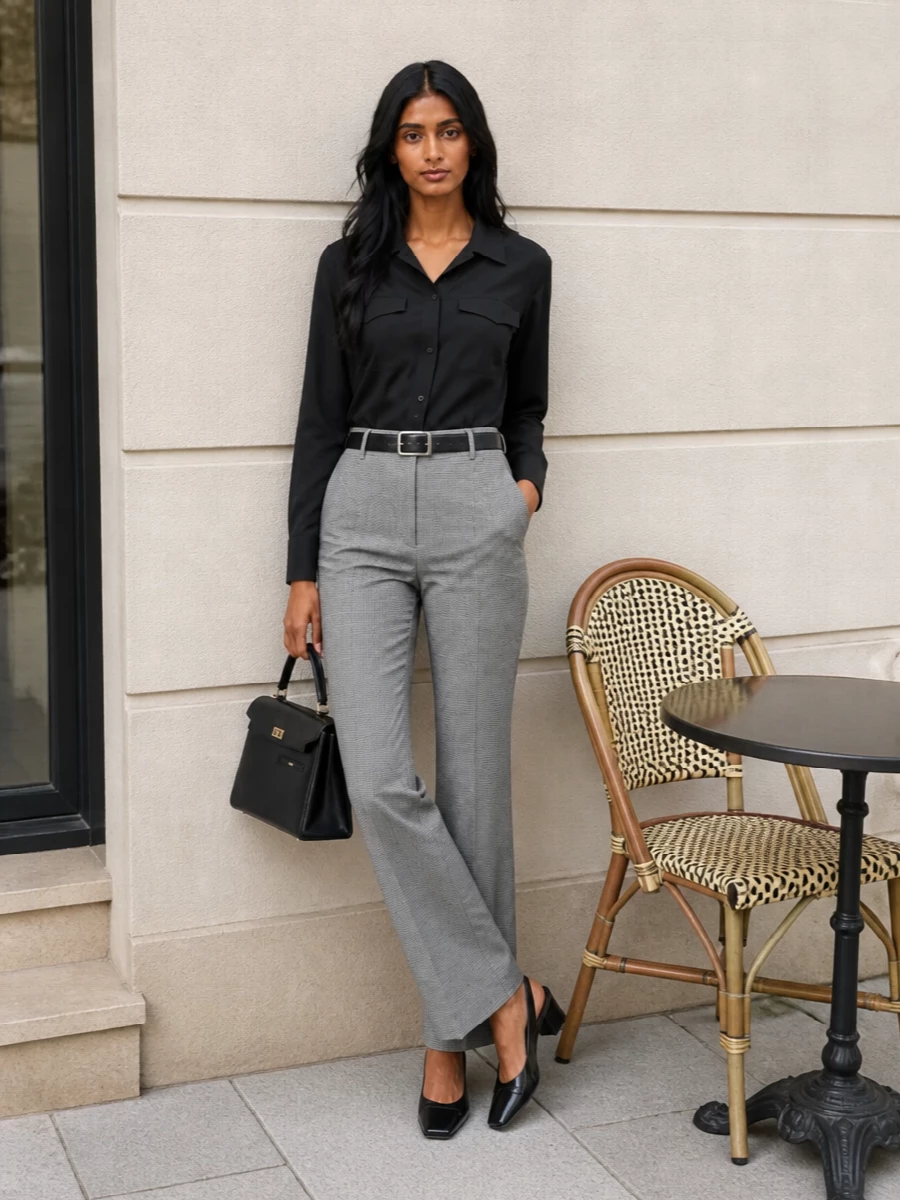 A monochrome Courrèges trouser and shirt pairing makes tailoring feel precise yet understated, with the high waist and gentle flare keeping the proportions long and clean. Black slingback pumps and a structured top-handle bag continue the quiet power mood, while a slim belt sharpens the waist for a boardroom-ready finish that still reads modern at dinner. The result is polished, graphic and assured without ever feeling overworked.
