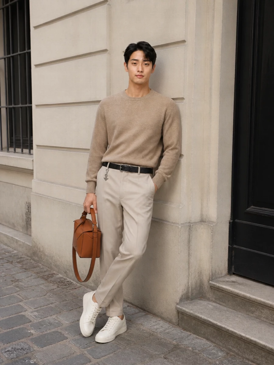 Prada beige crewneck tailored trousers outfit