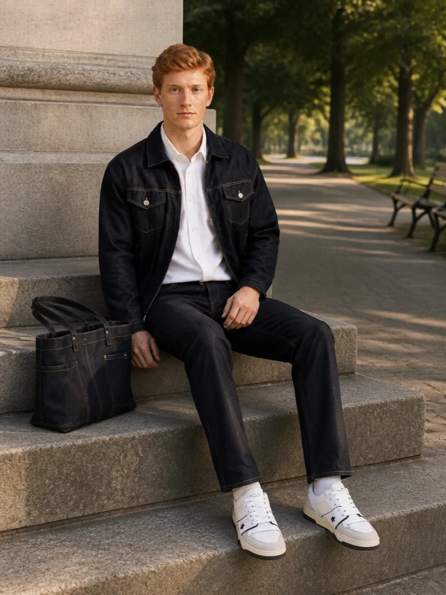 Dsquared2 dark denim jacket white shirt outfit