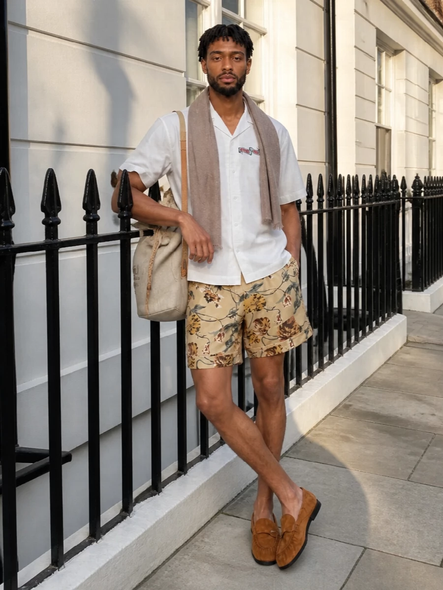 Kenzo floral swim shorts white shirt tan shoes