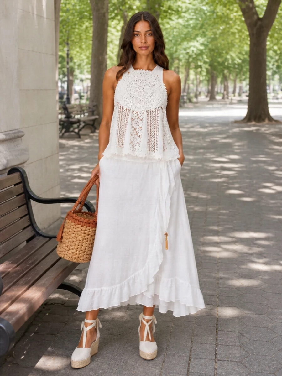 Loewe crochet tunic zimmermann wrap skirt outfit