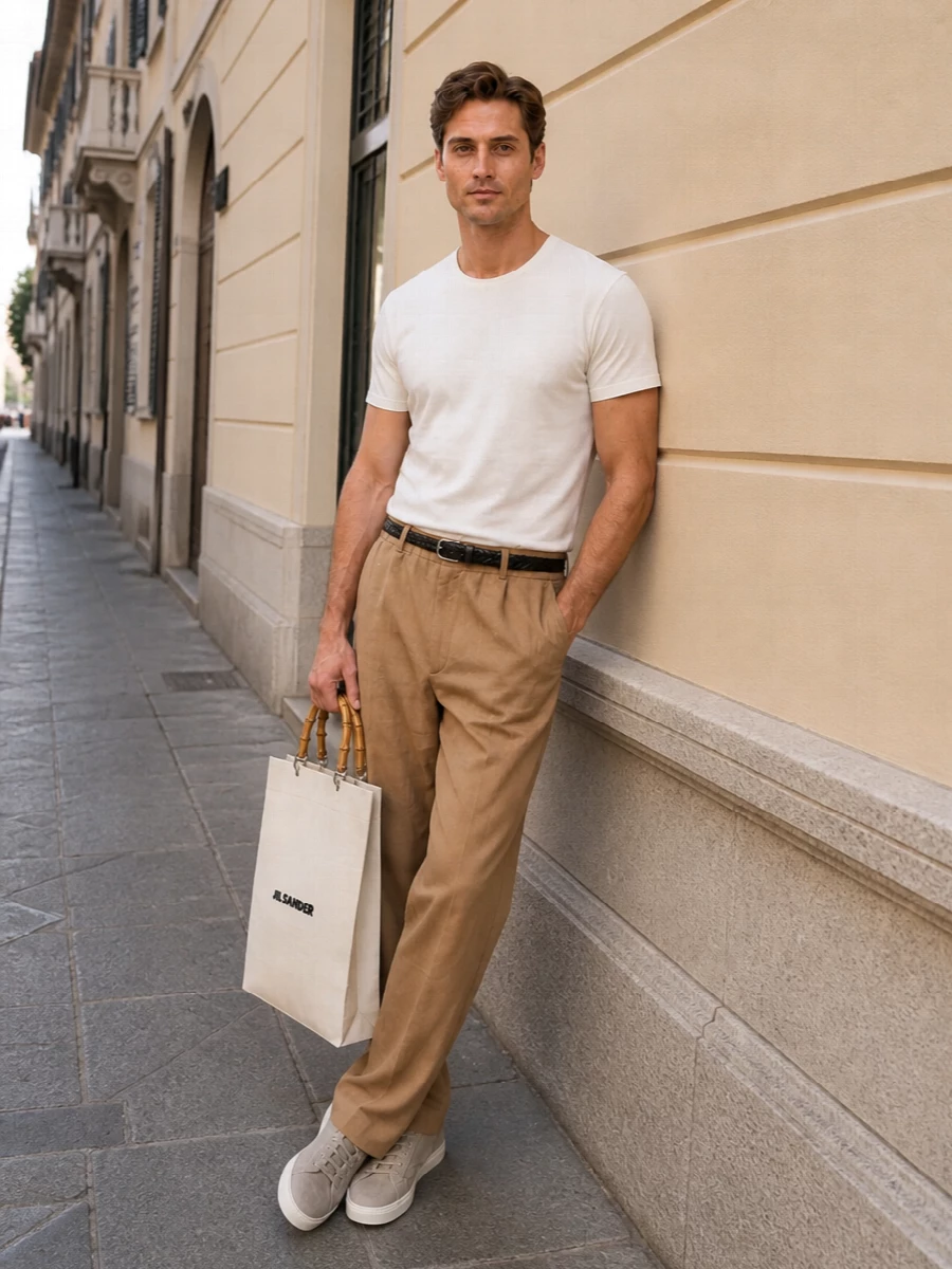 Lardini camel trouser outfit taupe tods sneakers