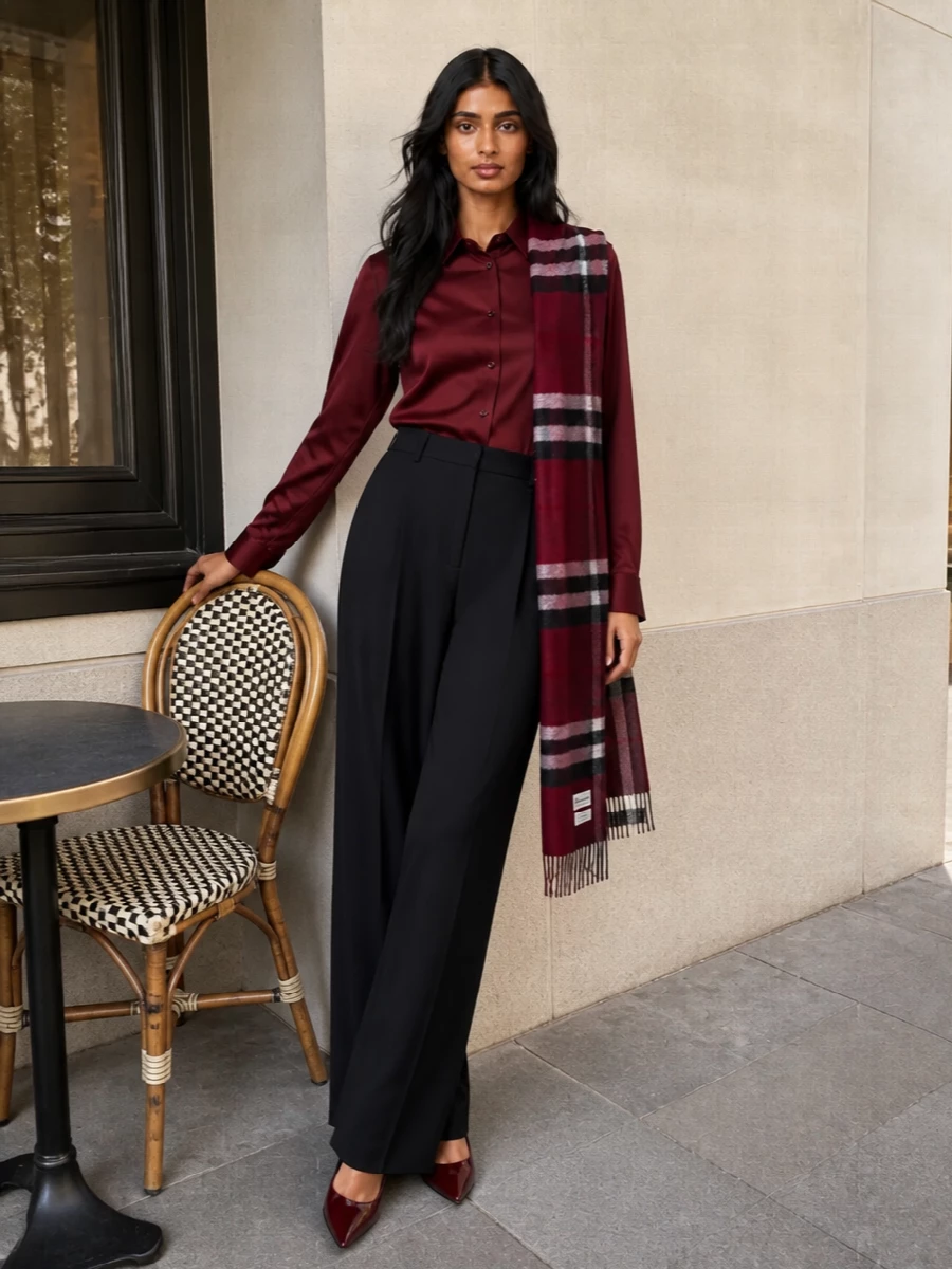 Ralph lauren burgundy shirt black wide leg trousers