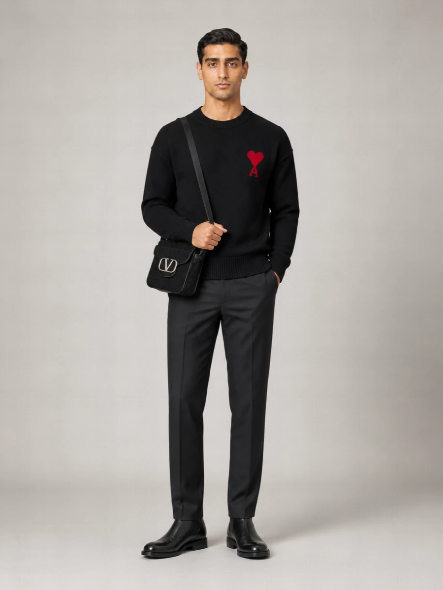 The Ami Paris knit sits against clean Dior charcoal tailoring for a quietly preppy take on city dressing. Black Chelsea boots keep the line sharp but relaxed, while the Valentino crossbody adds a compact, luxurious note without disturbing the minimal palette. The result feels polished enough for dinner yet easy for a full day in town.