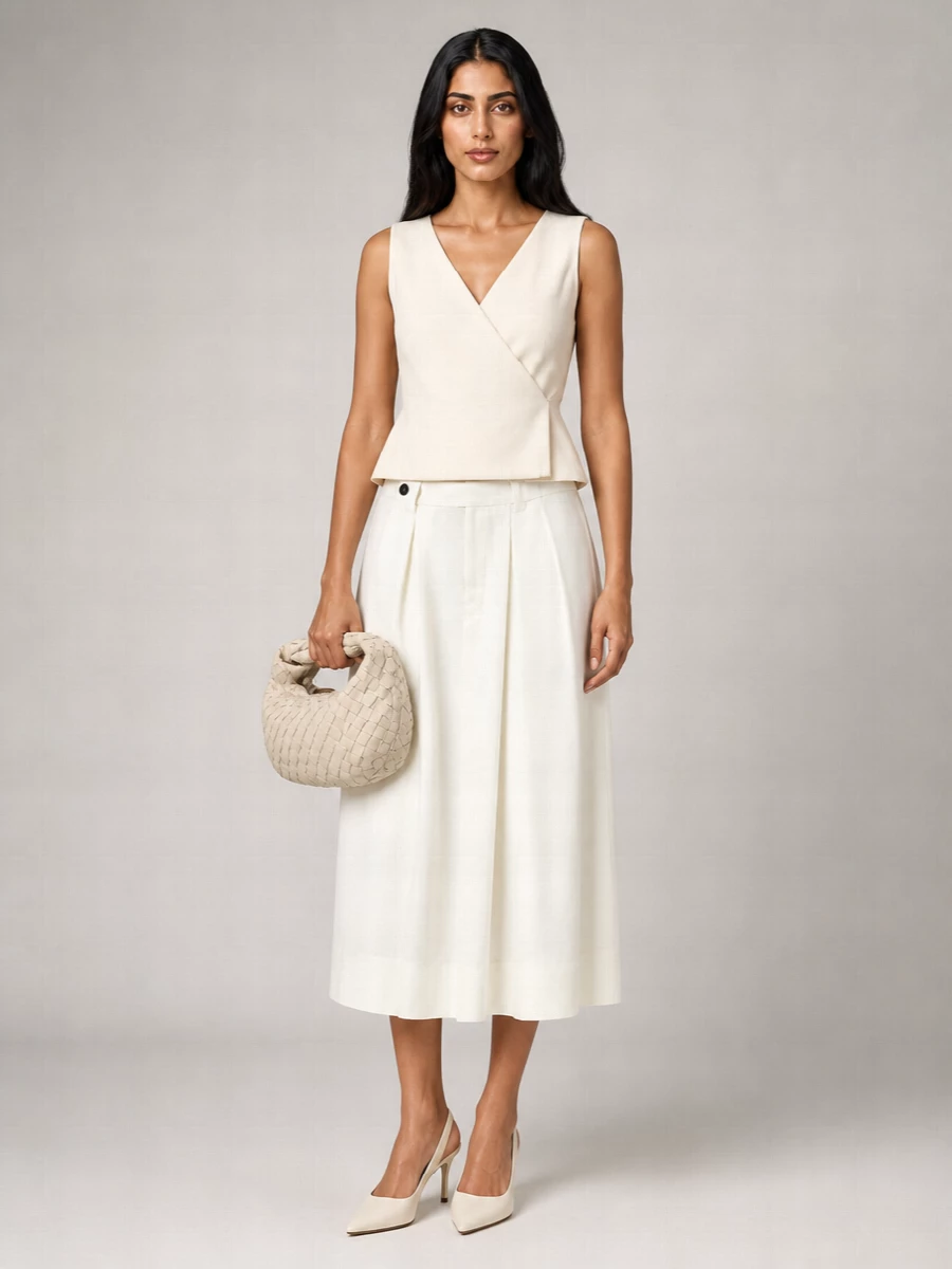 Brunello Cucinelli Viscose Linen Pleated Flared Midi Skirt