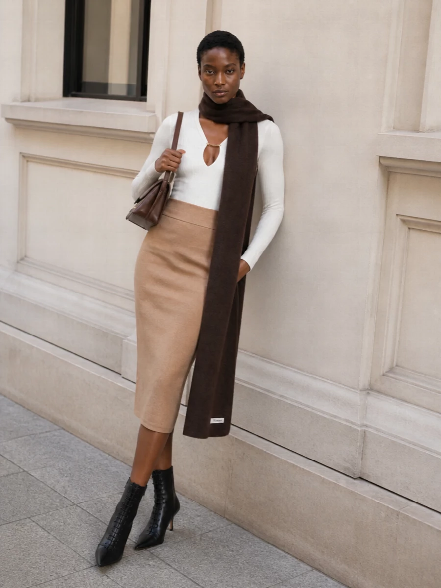 Camel knit pencil skirt ivory ribbed top outfit