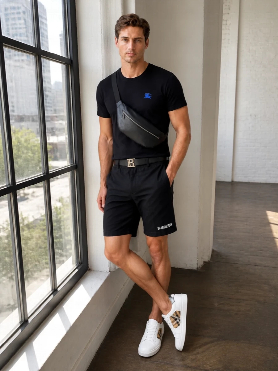 Burberry black tee chino shorts white sneakers